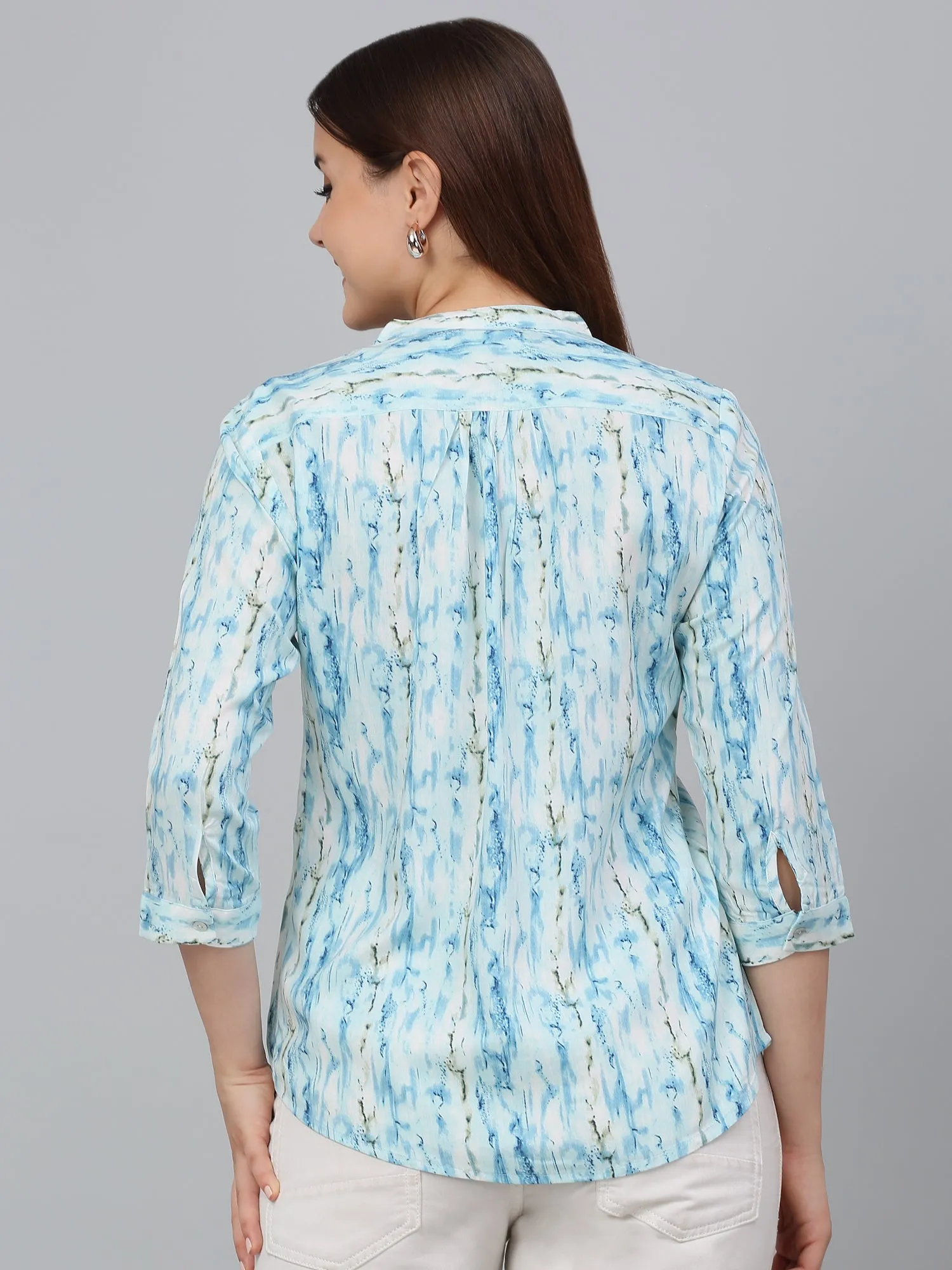 Women Sky Blue Printed Mandarin Collar Casual Tunic