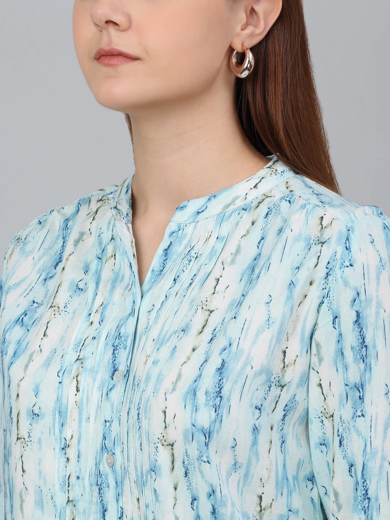 Women Sky Blue Printed Mandarin Collar Casual Tunic