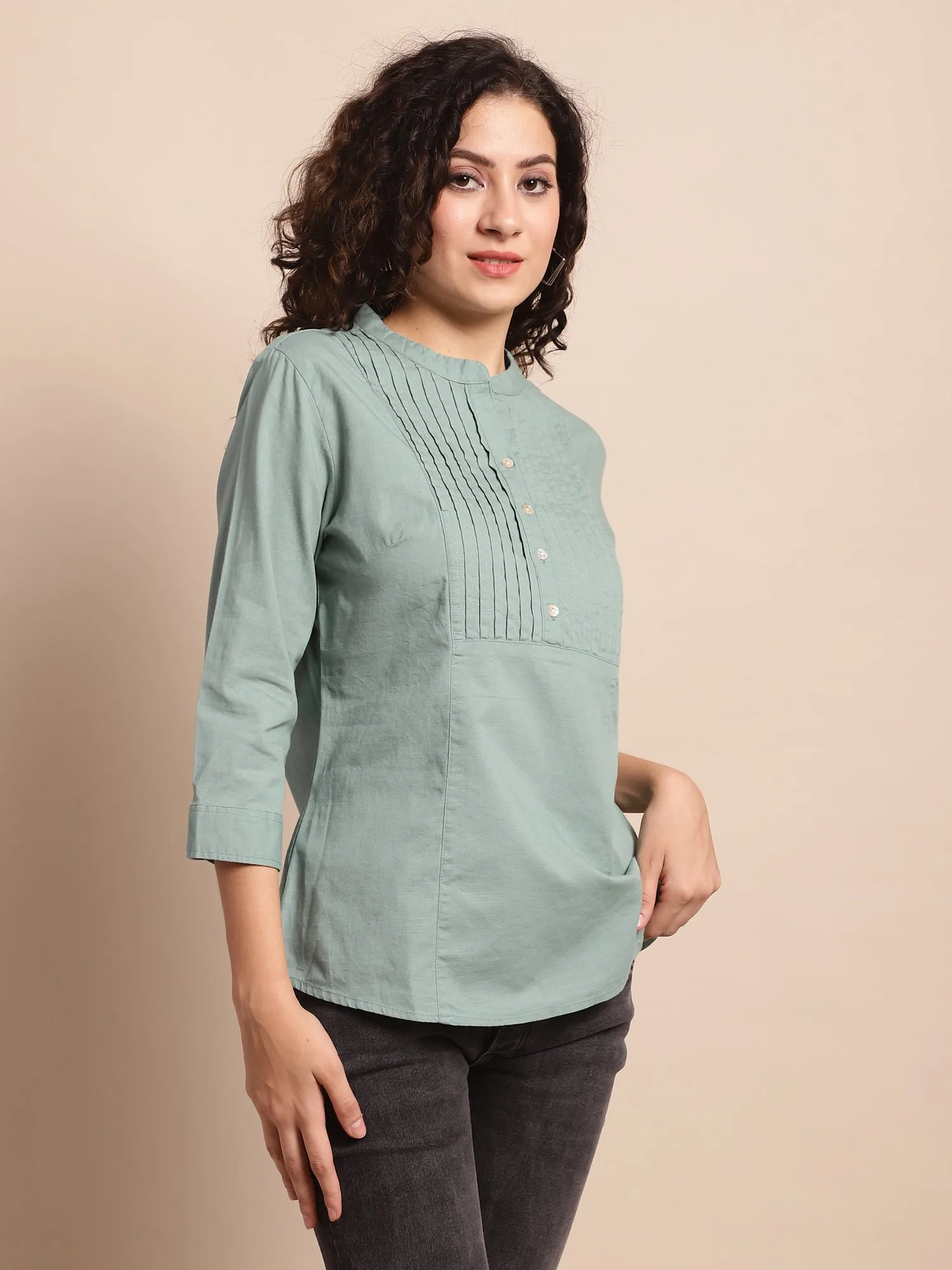 Women's Casual  Aqua Green Solid Mandarin Collar Tunic