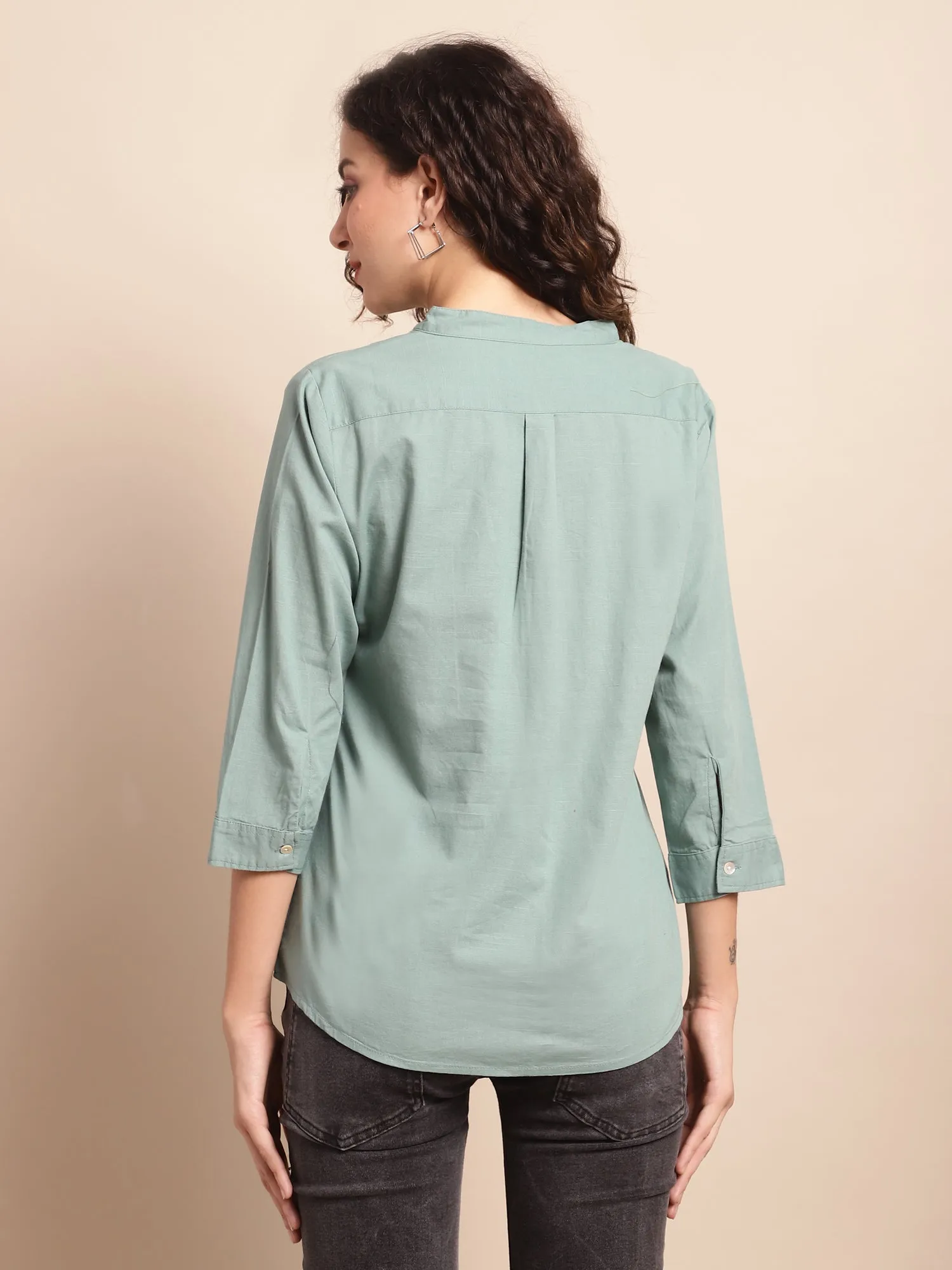 Women's Casual  Aqua Green Solid Mandarin Collar Tunic