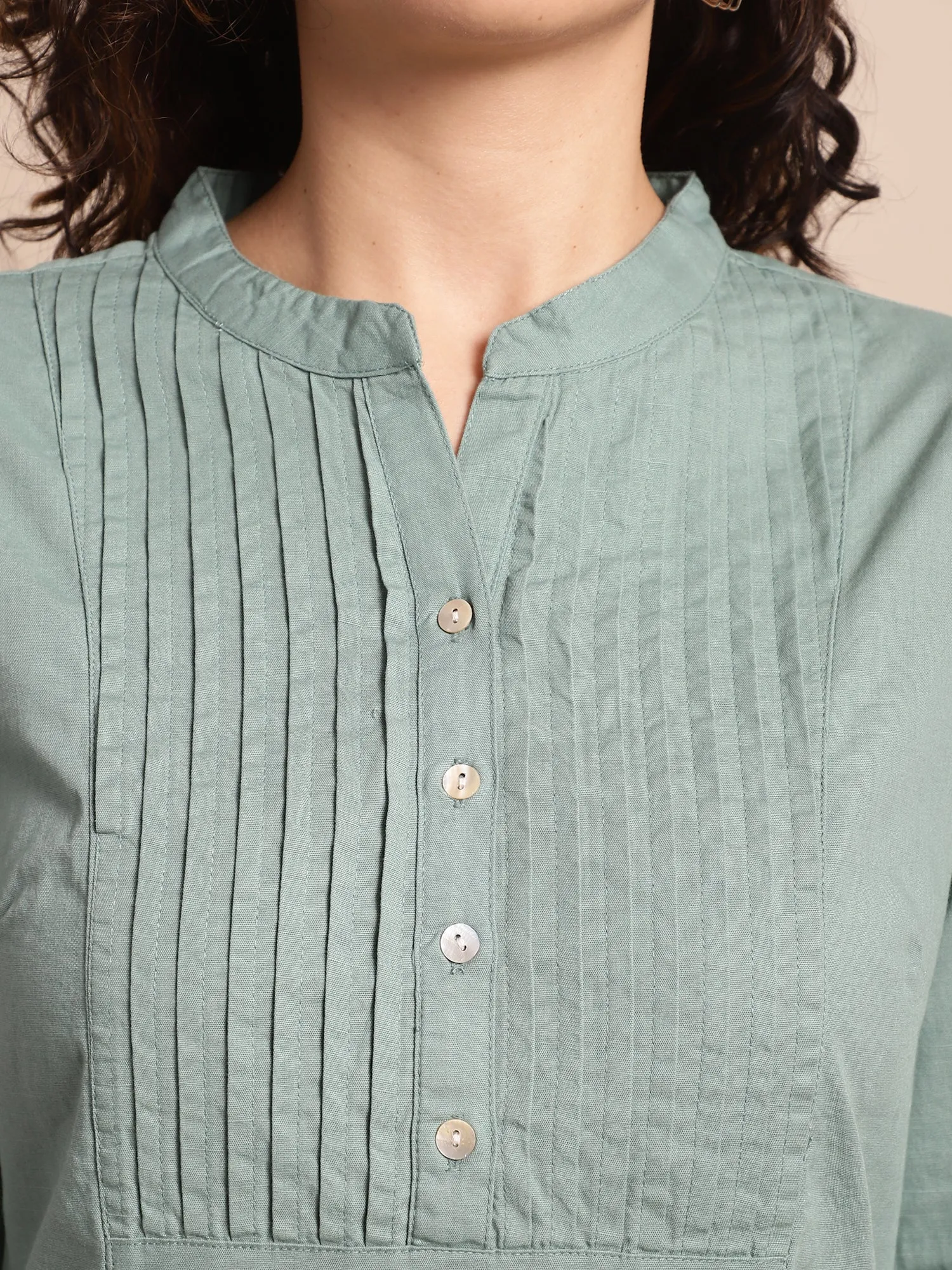 Women's Casual  Aqua Green Solid Mandarin Collar Tunic