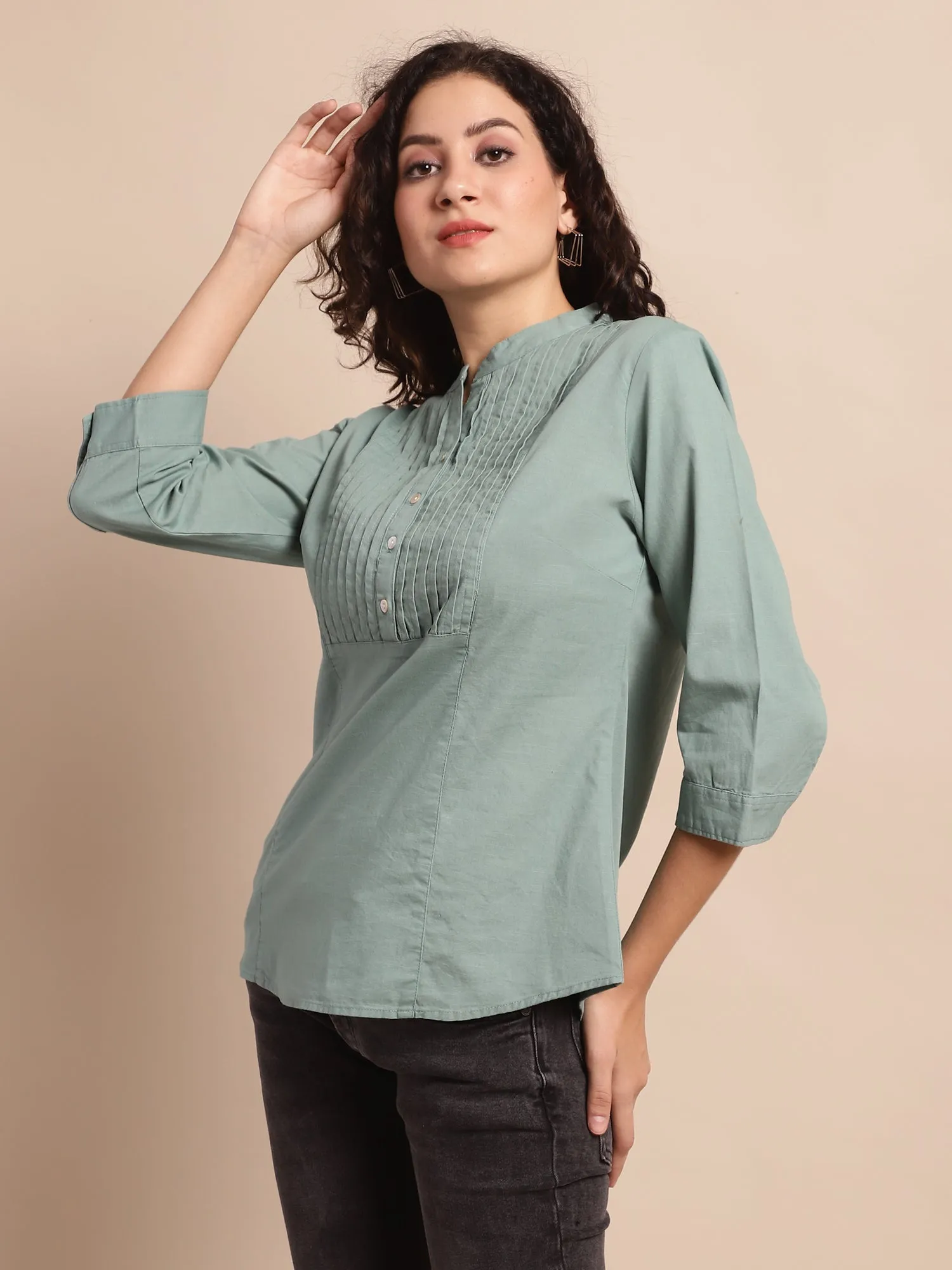 Women's Casual  Aqua Green Solid Mandarin Collar Tunic