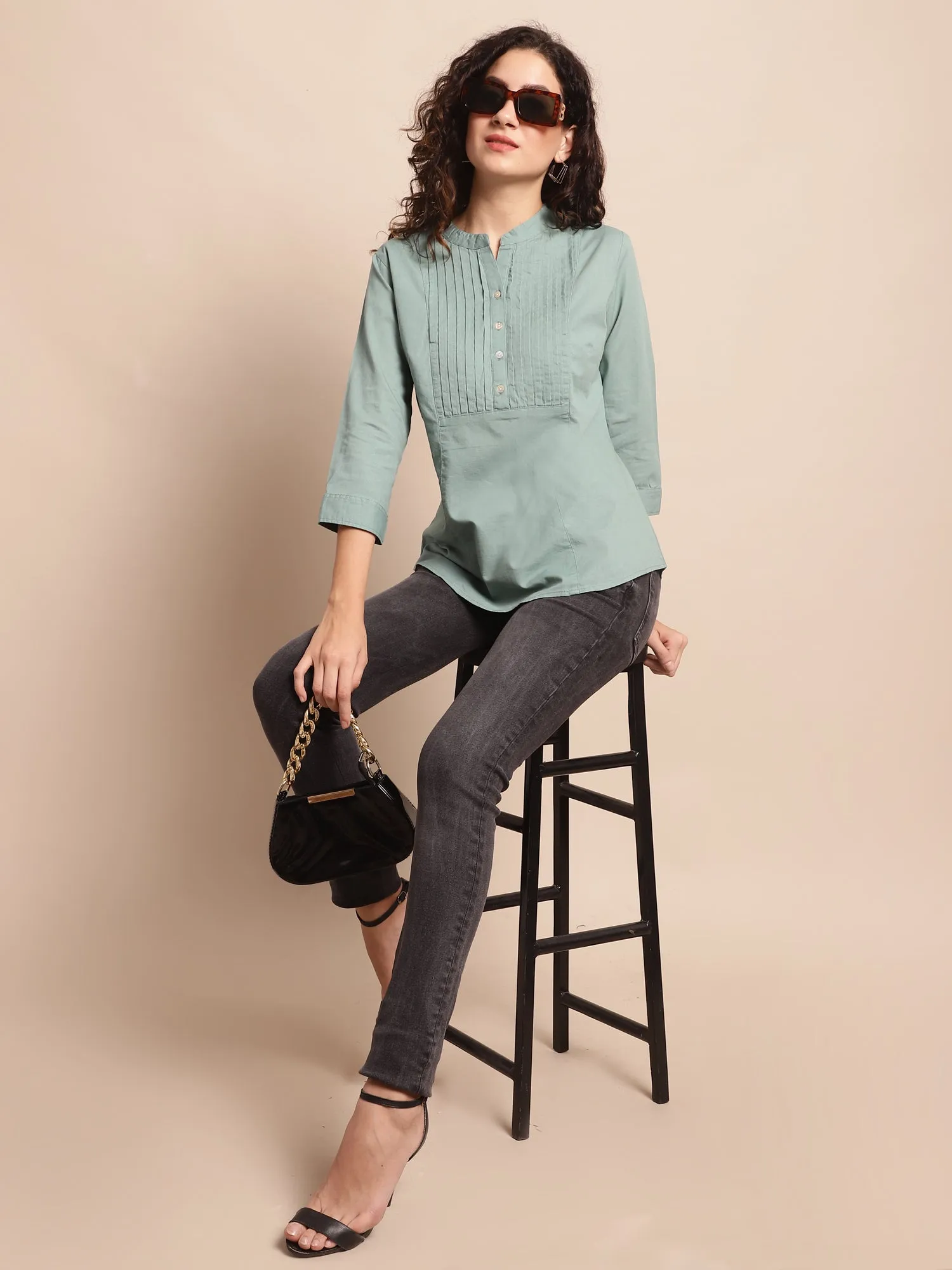 Women's Casual  Aqua Green Solid Mandarin Collar Tunic