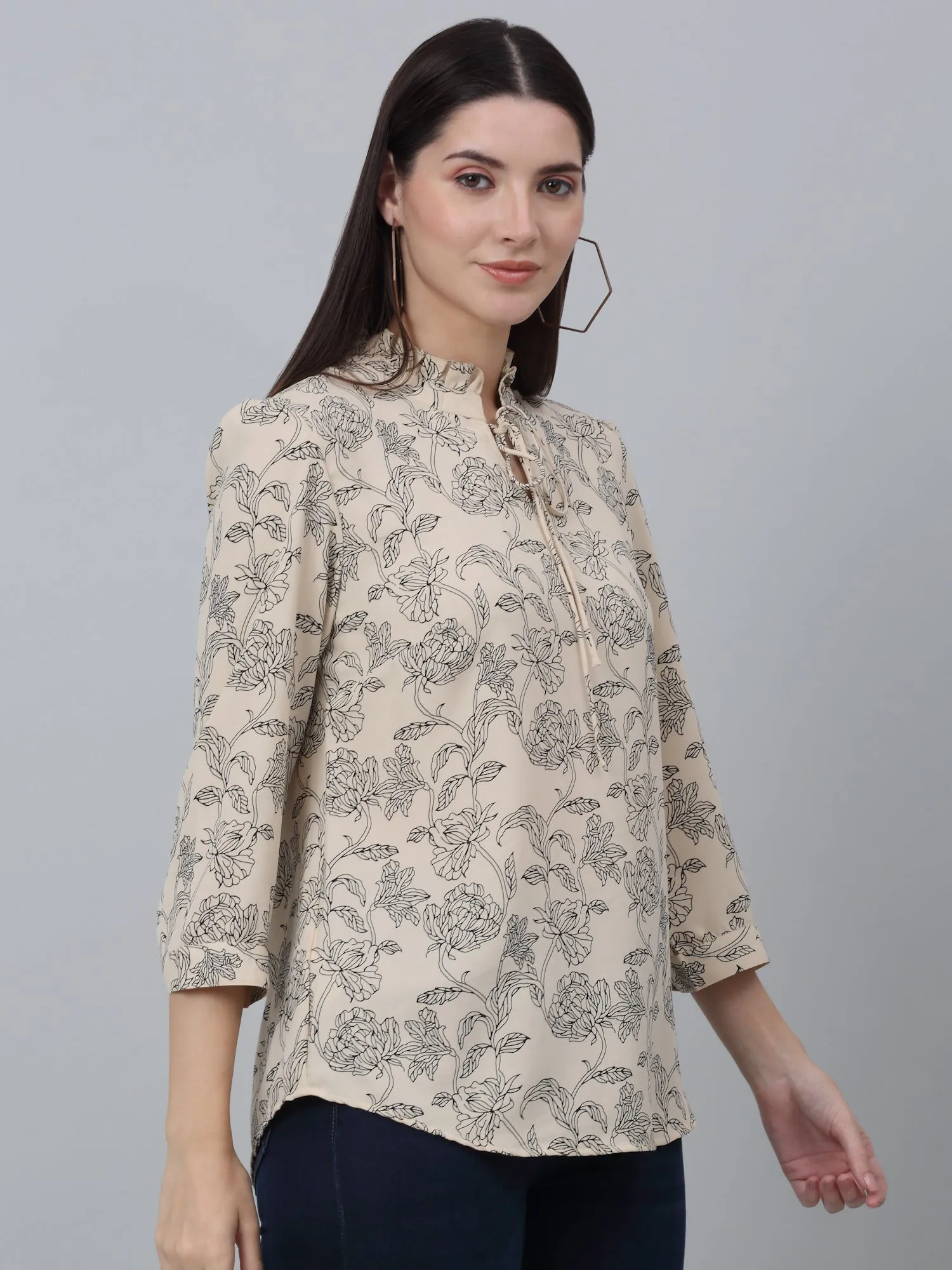 Women's Casual  Beige Floral Print Mandarin Collar with tie up Top