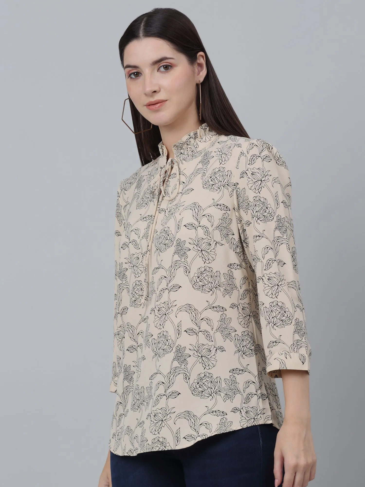 Women's Casual  Beige Floral Print Mandarin Collar with tie up Top