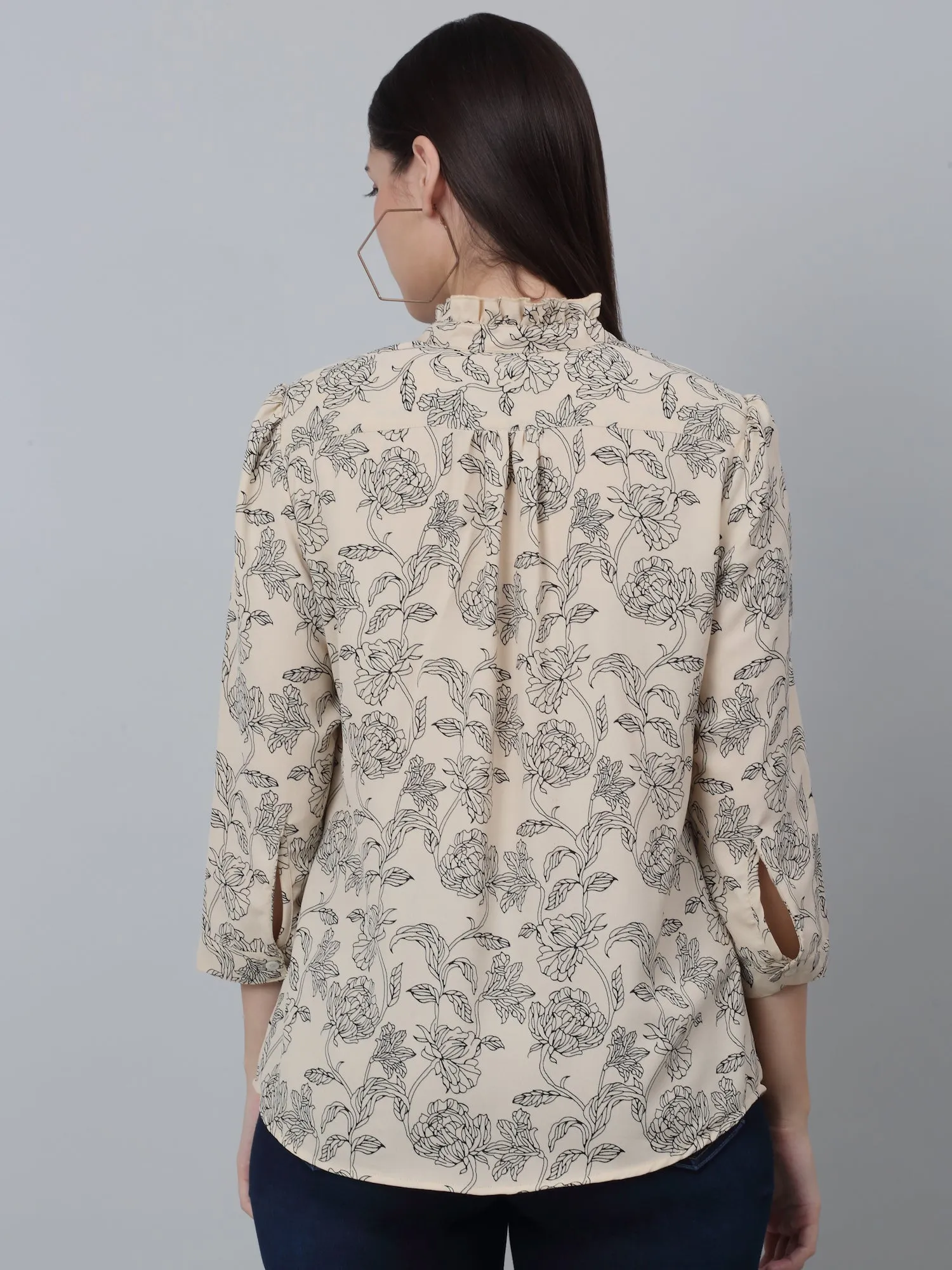 Women's Casual  Beige Floral Print Mandarin Collar with tie up Top