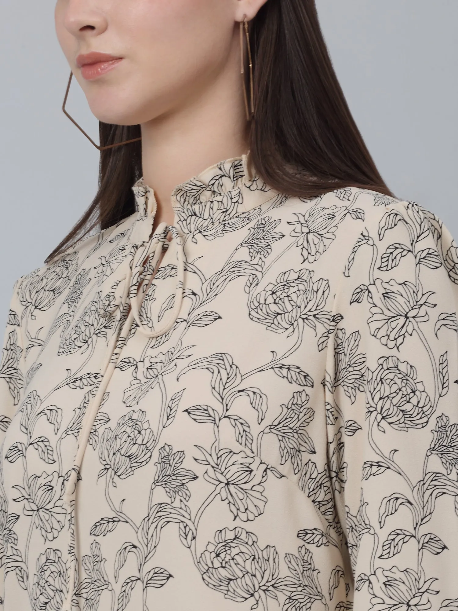 Women's Casual  Beige Floral Print Mandarin Collar with tie up Top