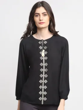 Women's Casual  Black Solid Round neck with Tie up Tunic