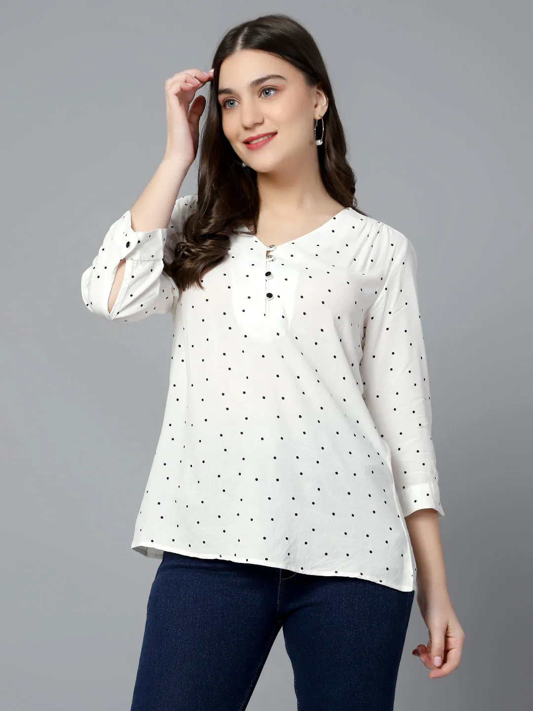 Women's Casual  Black white Polka Dot Print V neck Top