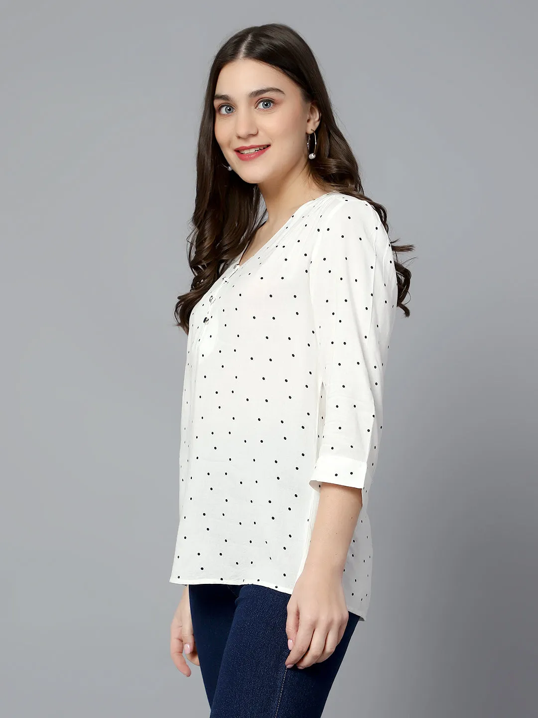 Women's Casual  Black white Polka Dot Print V neck Top