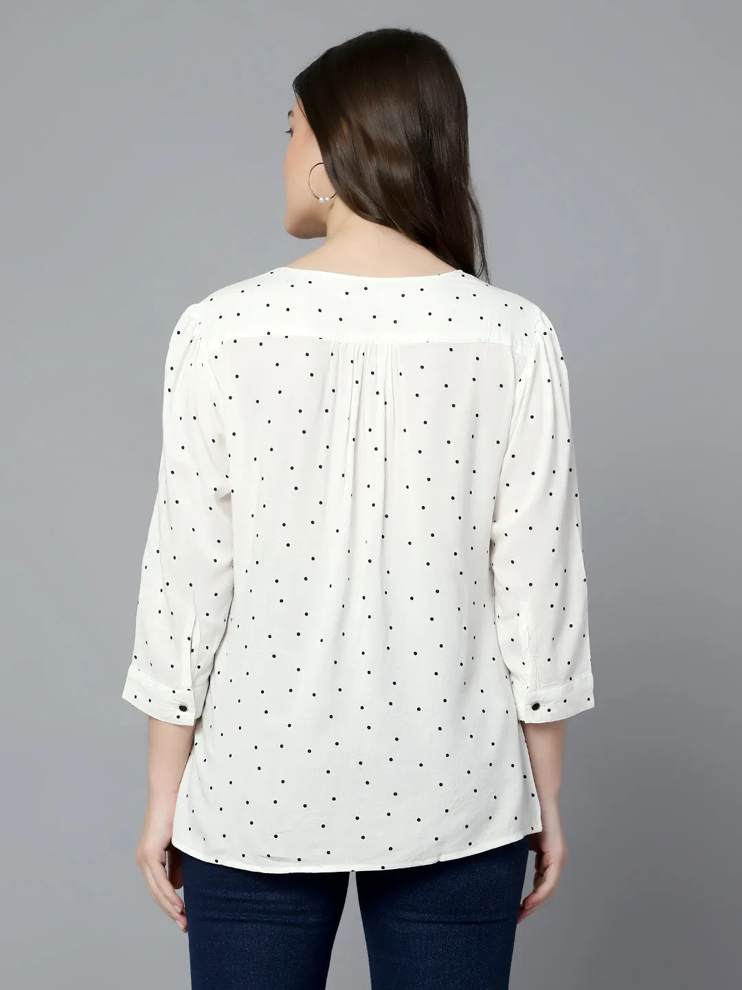 Women's Casual  Black white Polka Dot Print V neck Top