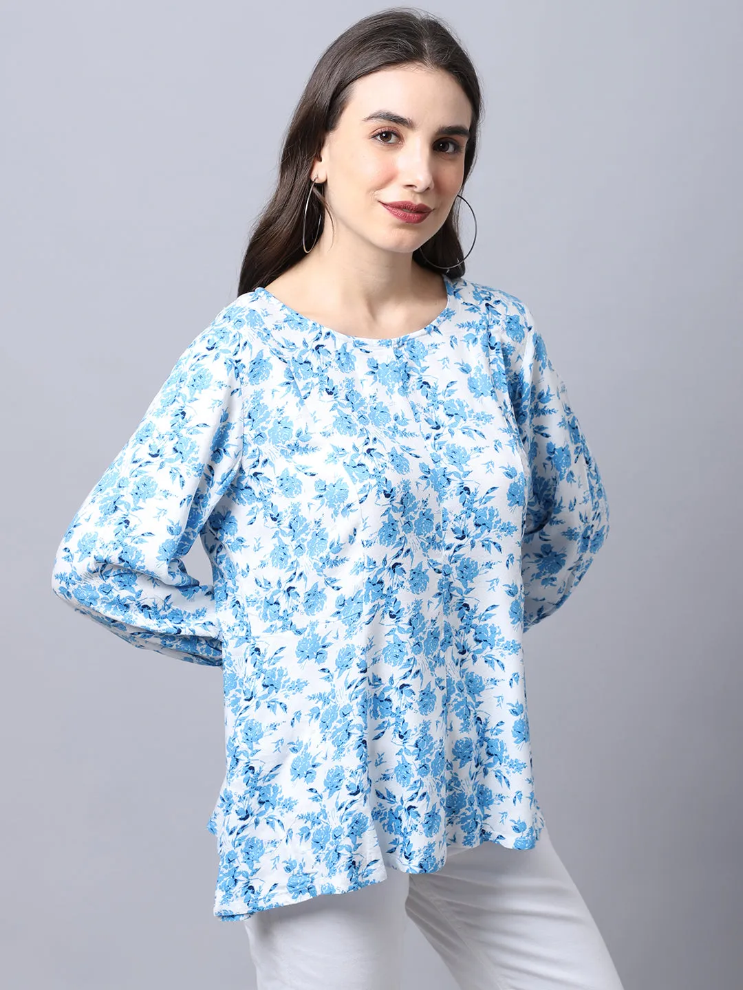 Women's Casual  Blue Floral Print Round neck Top