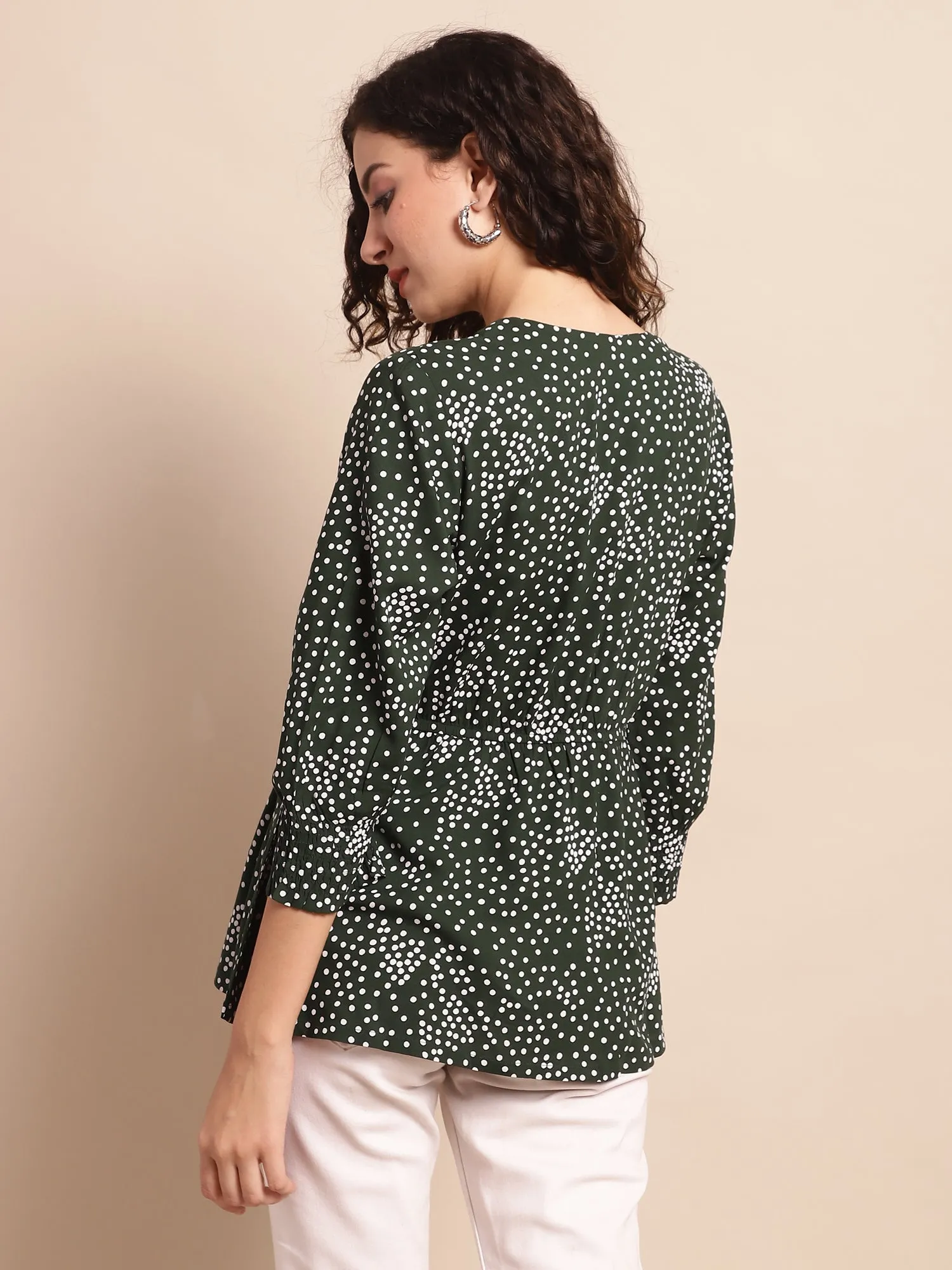 Women's Casual  Green Polka dot Print V neck Top