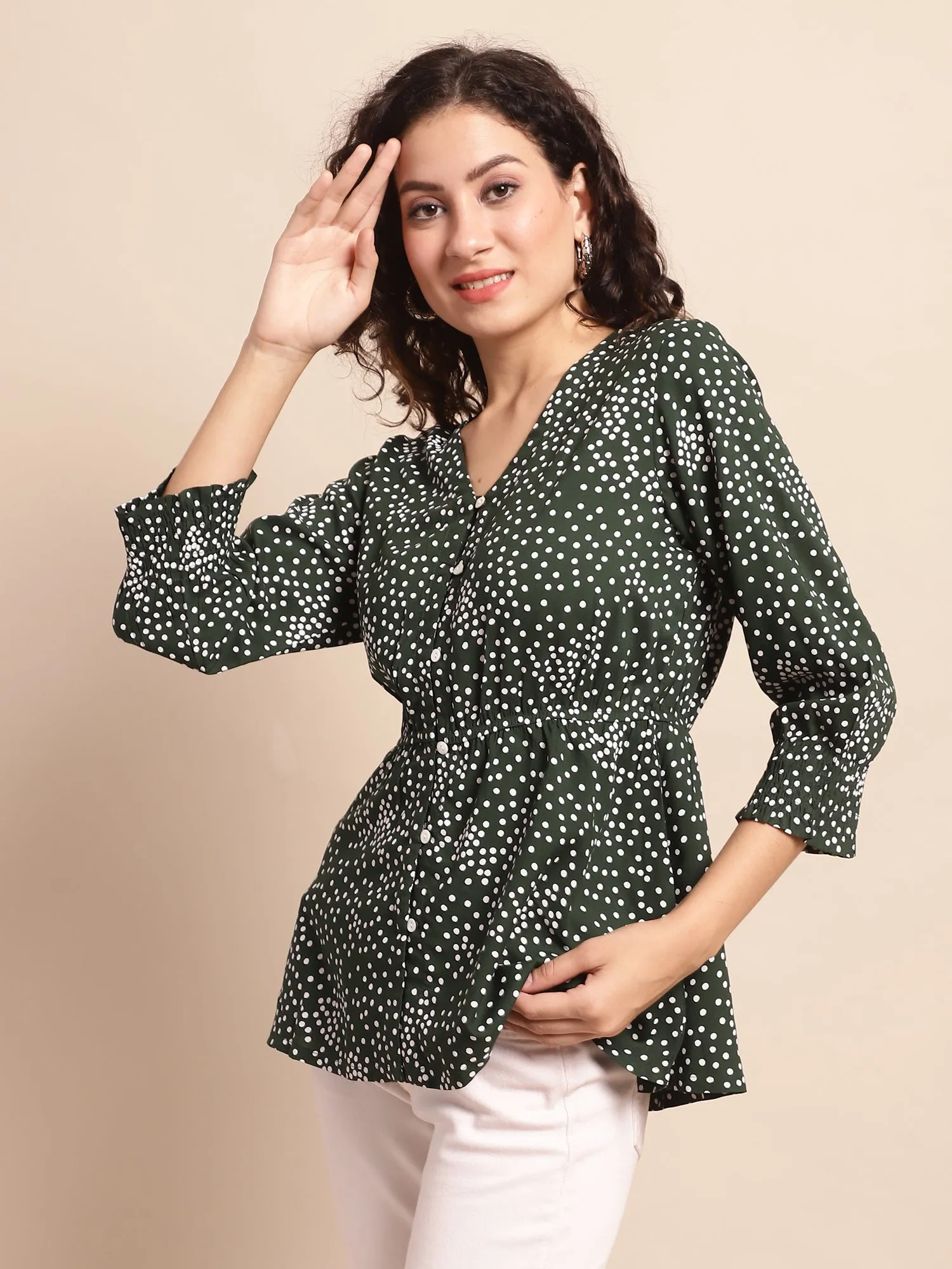 Women's Casual  Green Polka dot Print V neck Top