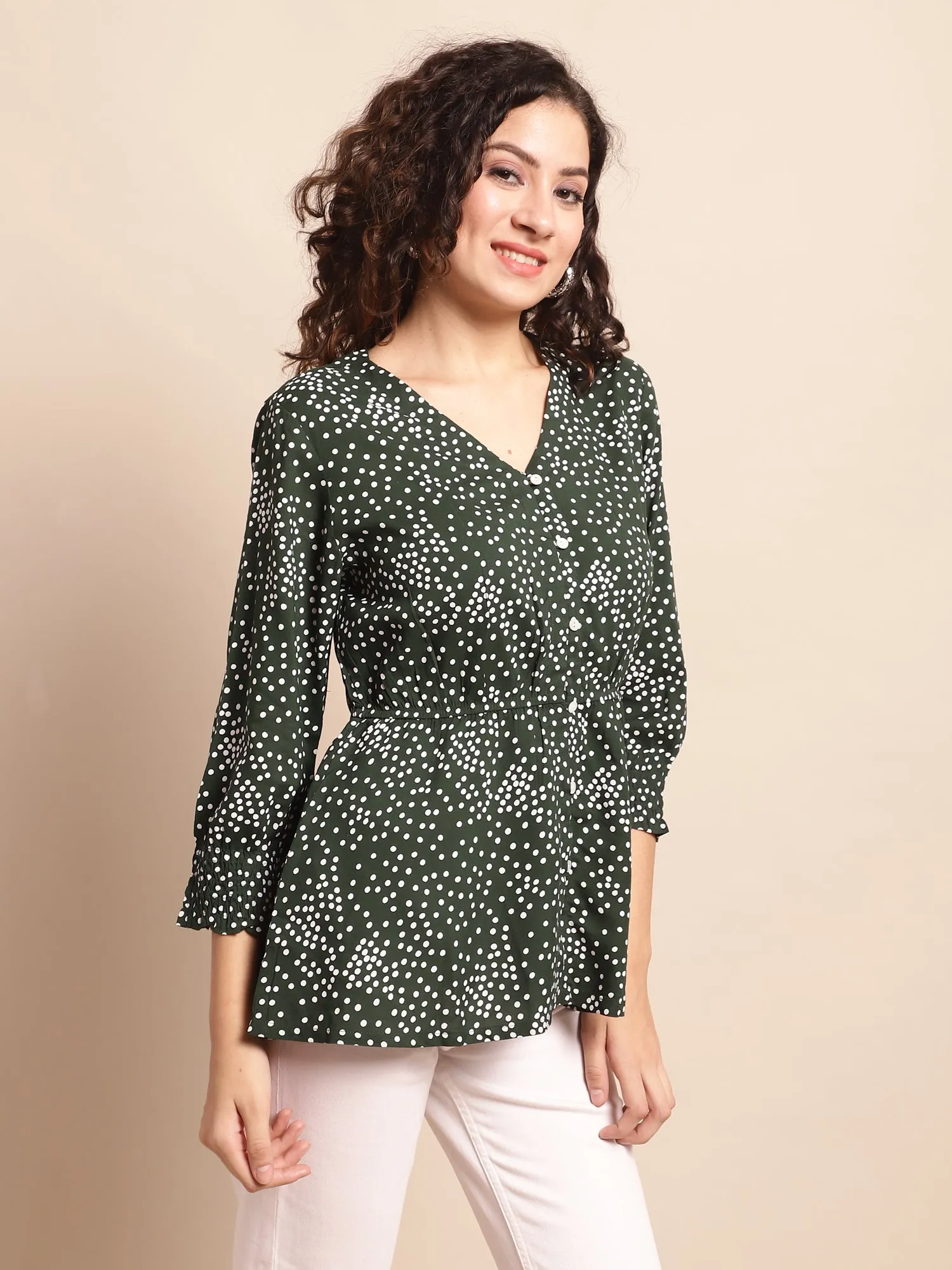 Women's Casual  Green Polka dot Print V neck Top