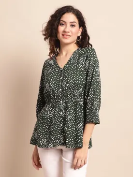 Women's Casual  Green Polka dot Print V neck Top