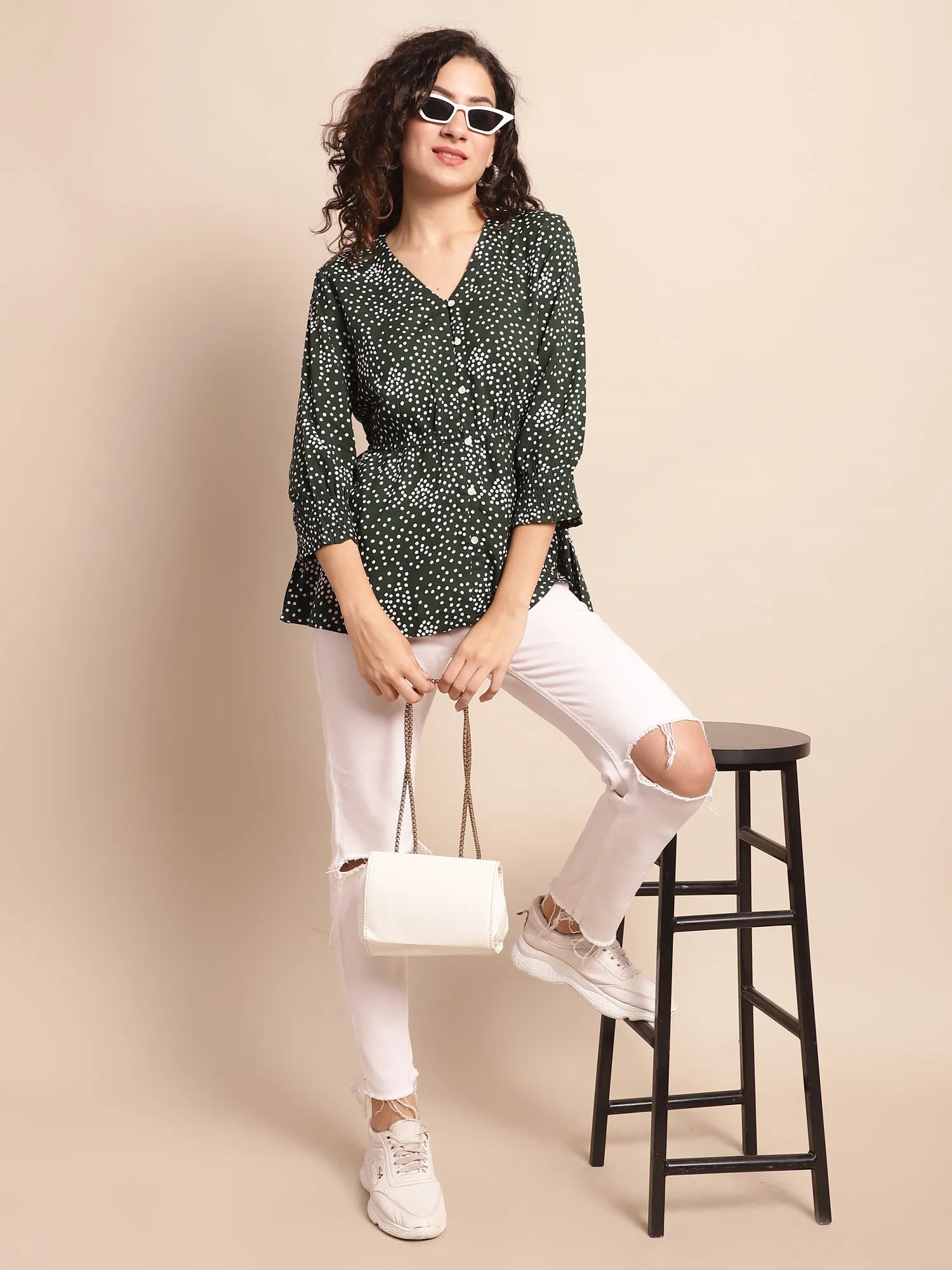 Women's Casual  Green Polka dot Print V neck Top