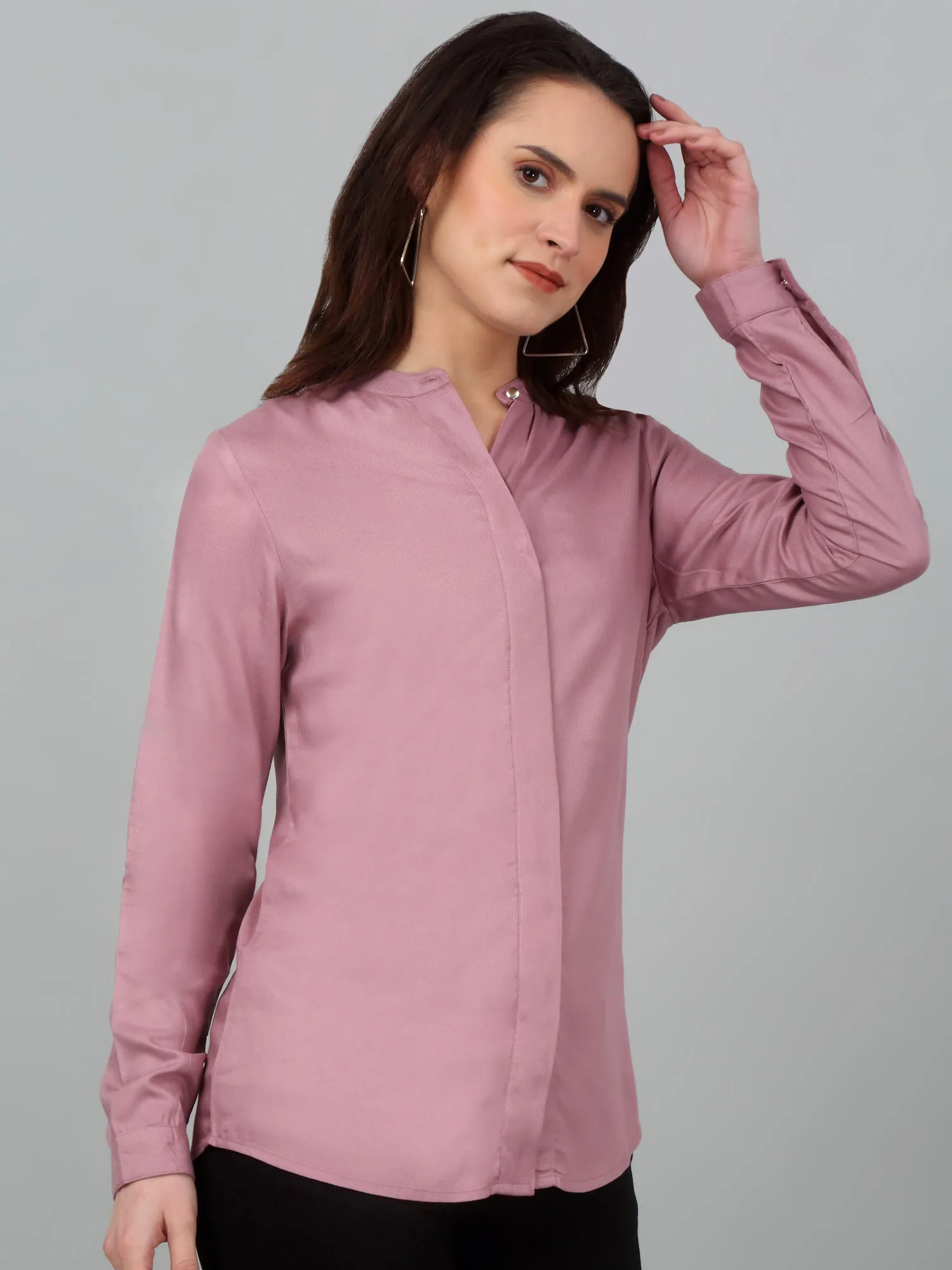 Women's Casual  Light Pink Solid Mandarin Collar Tunic