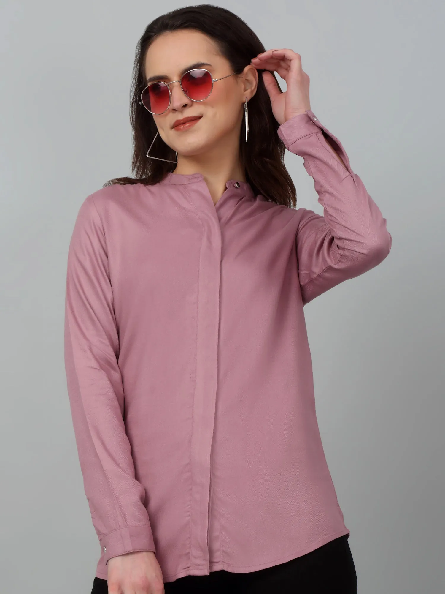 Women's Casual  Light Pink Solid Mandarin Collar Tunic