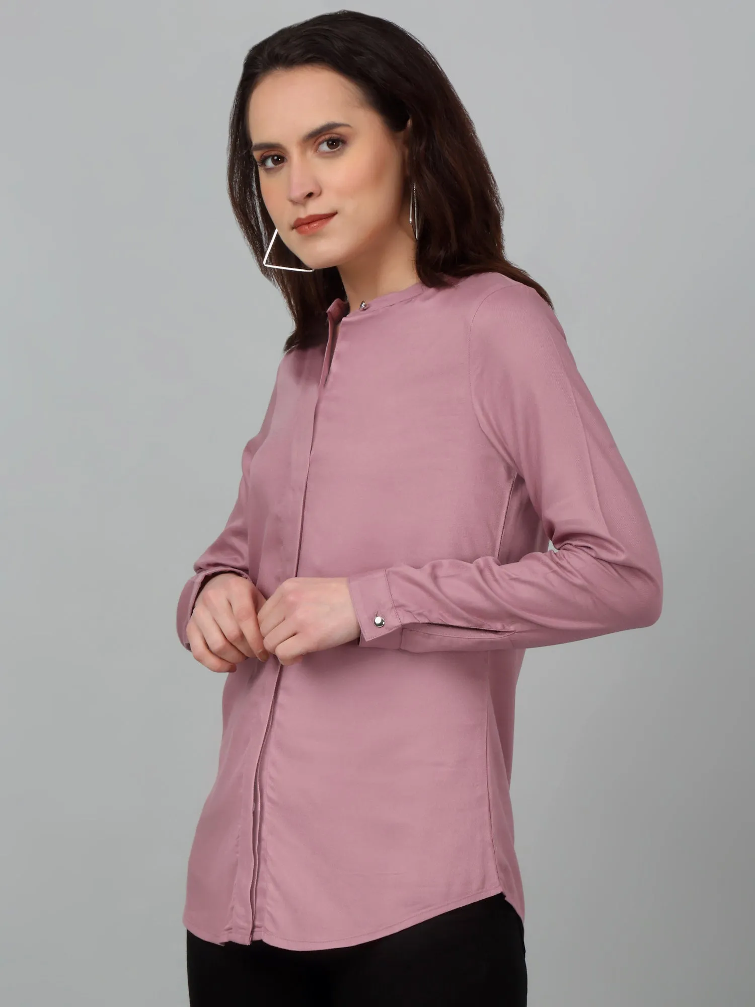 Women's Casual  Light Pink Solid Mandarin Collar Tunic