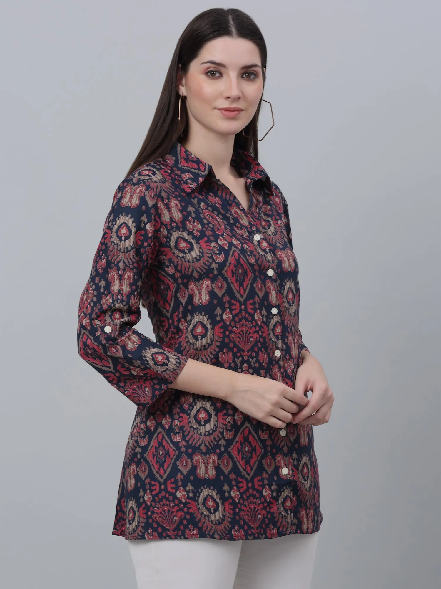 Women's Casual  Multi Color Geometric Print Spread Collar Tunic