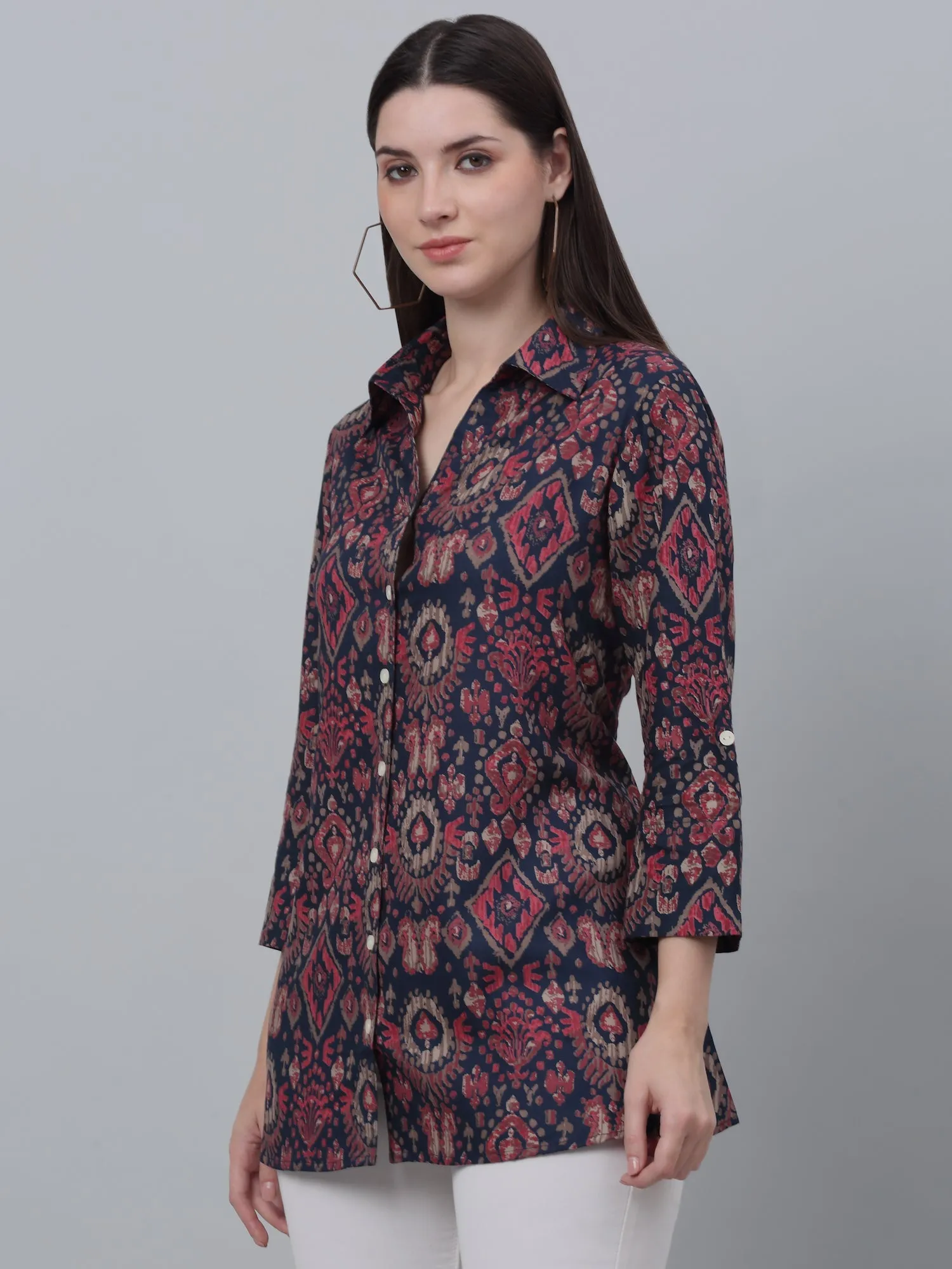 Women's Casual  Multi Color Geometric Print Spread Collar Tunic