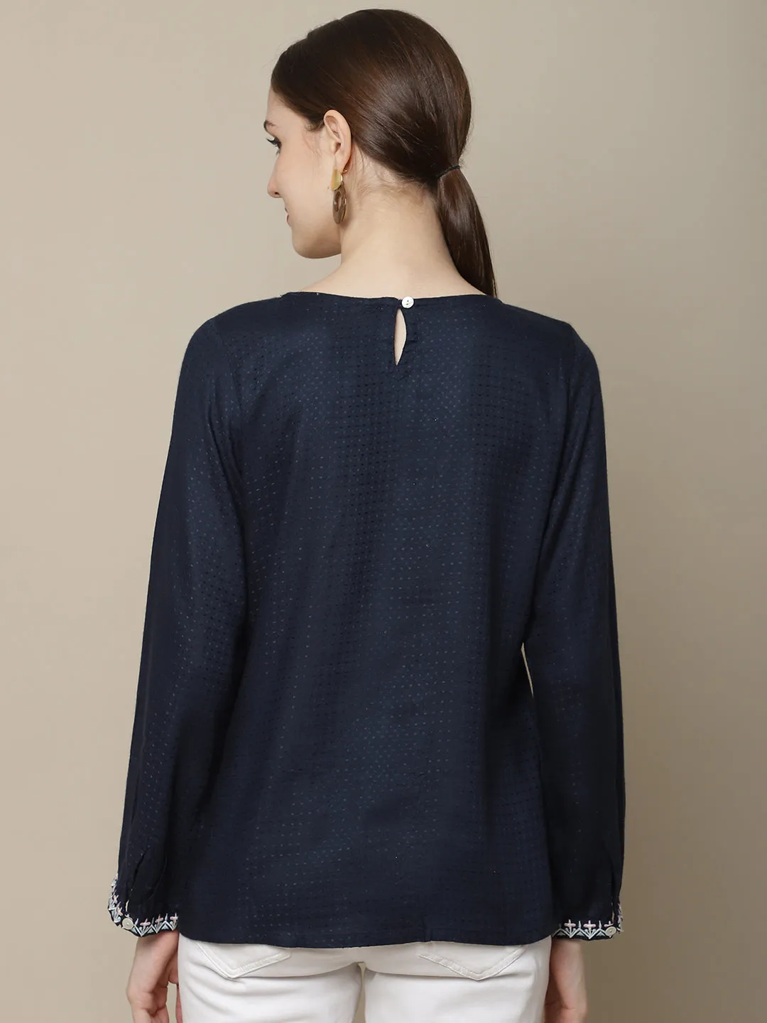 Women's Casual  Navy Blue Solid Round neck Tunic