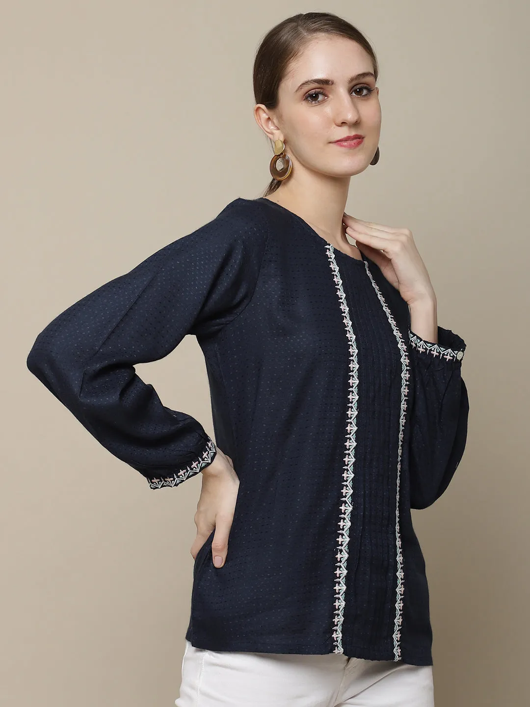 Women's Casual  Navy Blue Solid Round neck Tunic