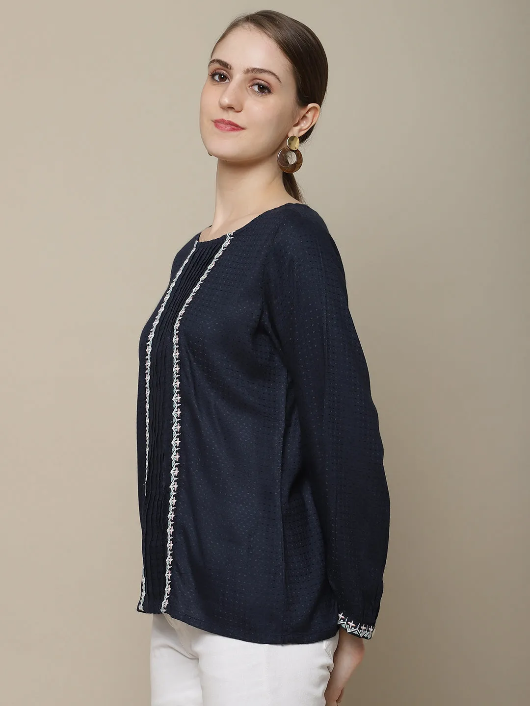 Women's Casual  Navy Blue Solid Round neck Tunic