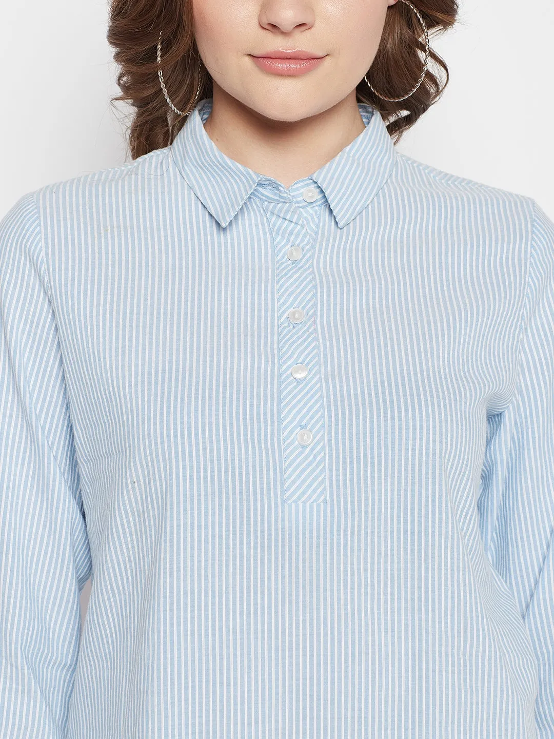 Women's   Sky Blue Stripe   Spread Collar Top