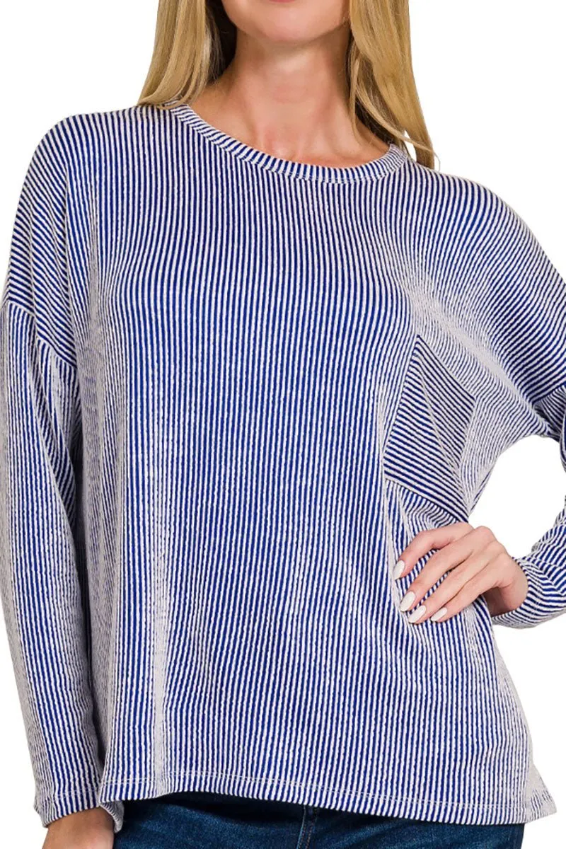 Zenana Fall Festival Bright Blue Oversized Striped Top