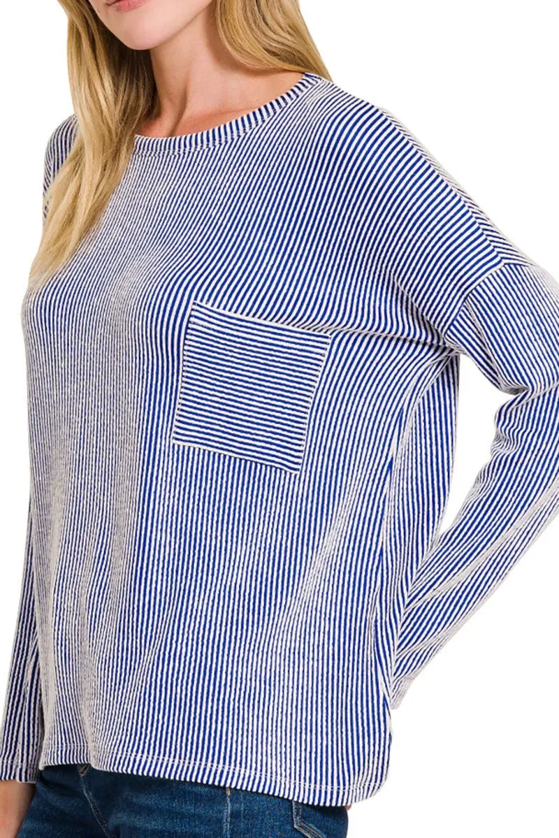 Zenana Fall Festival Bright Blue Oversized Striped Top