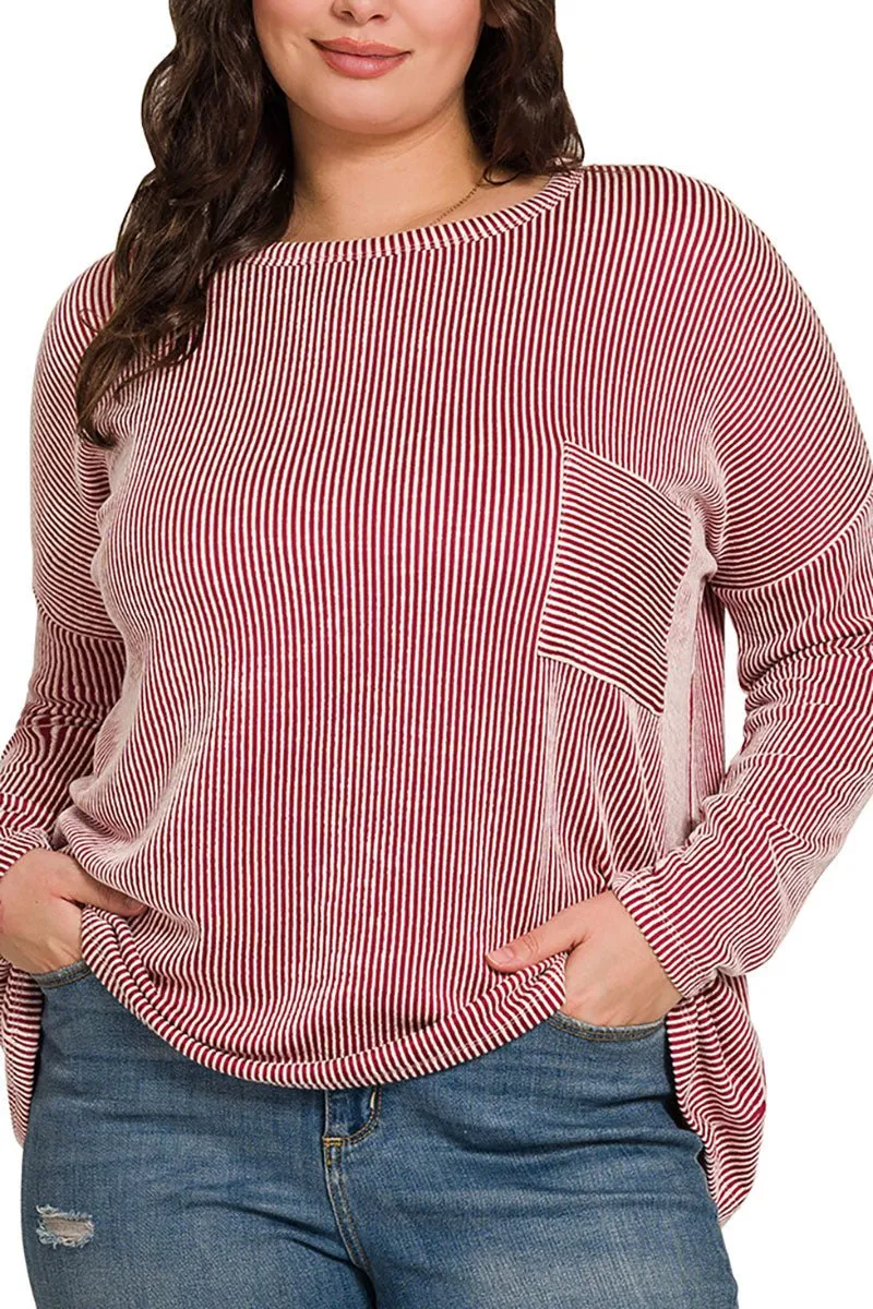 Zenana Plus Size Fall Festival Dark Red Oversized Striped Top