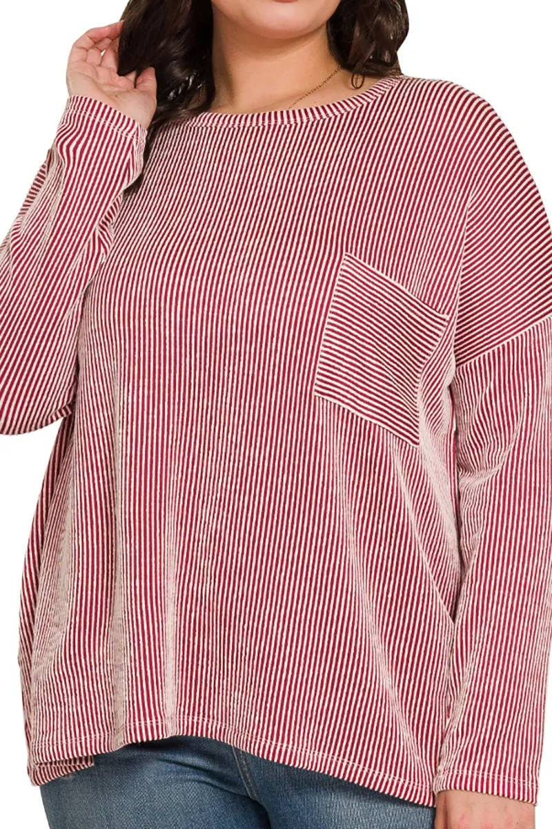 Zenana Plus Size Fall Festival Dark Red Oversized Striped Top